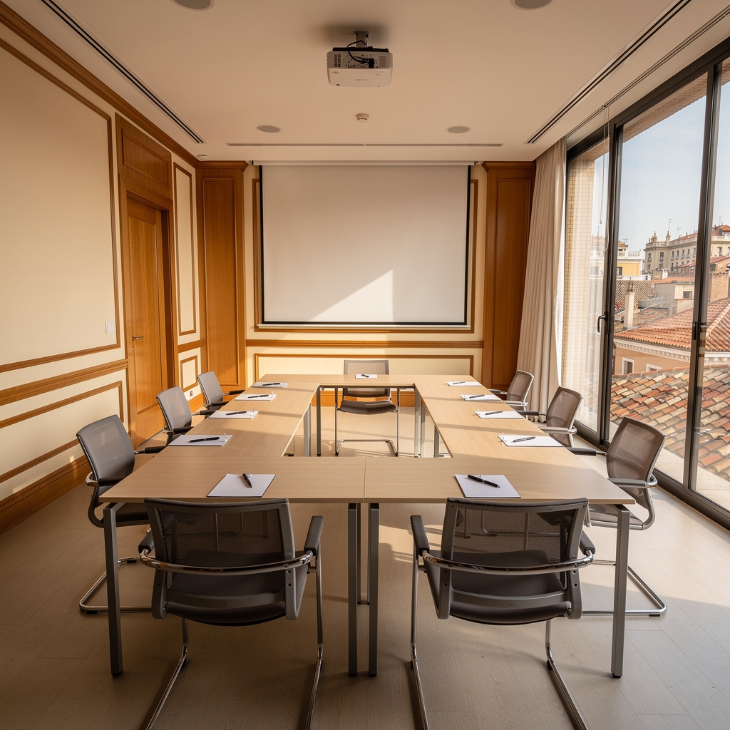 Espacio de formación en el barrio de Salamanca de Madrid con mesas de trabajo y luz natural