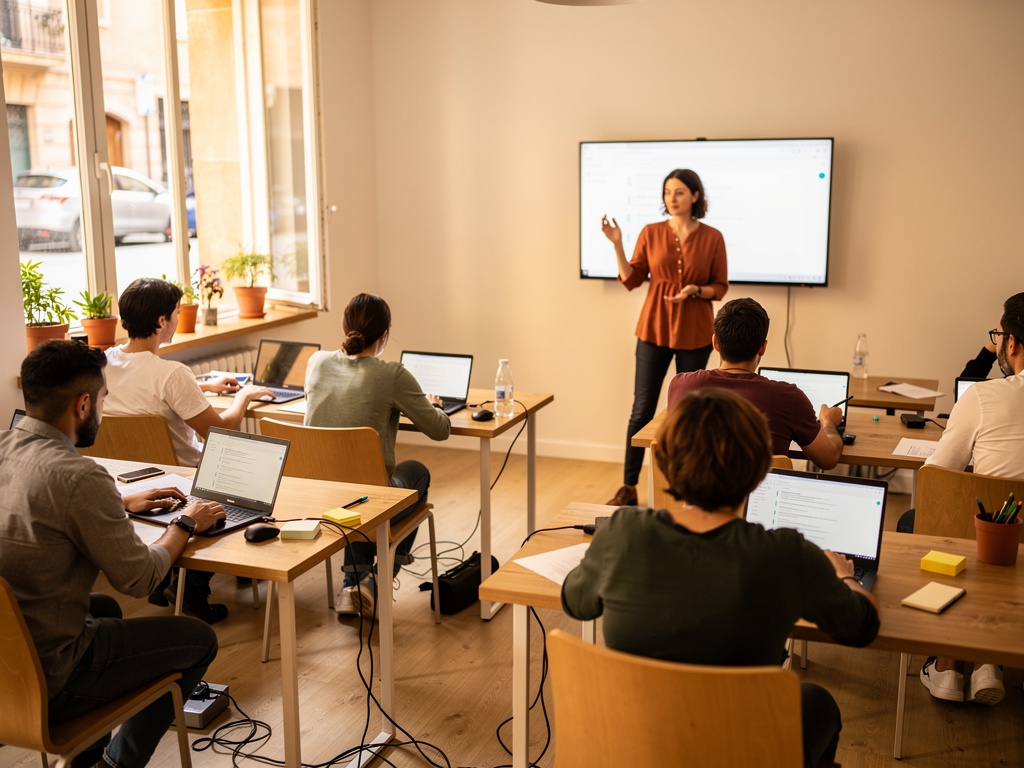 Participantes trabajando en un taller de herramientas no-code en Madrid
