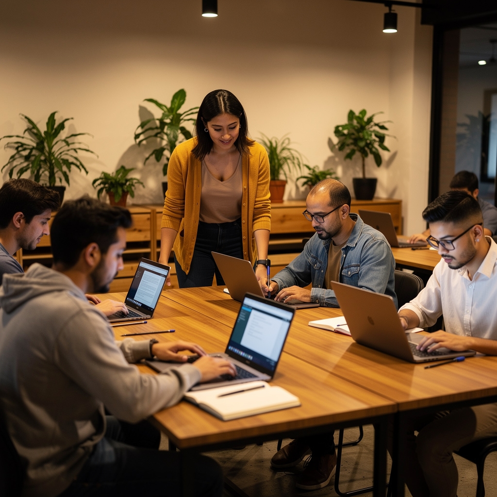 Participantes en un taller de formación trabajando en sus ordenadores portátiles con ejercicios prácticos