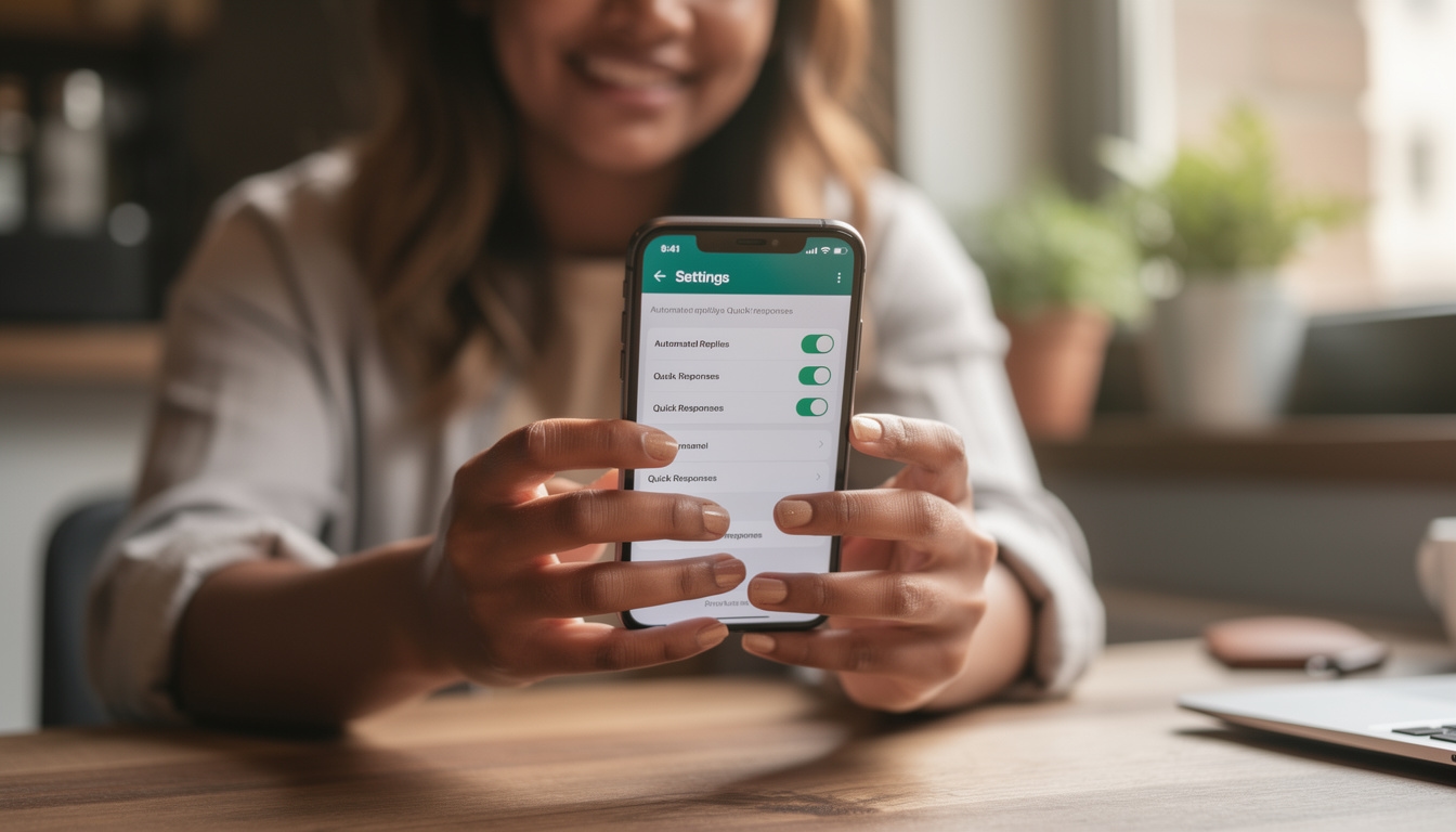 Teléfono móvil mostrando la interfaz de WhatsApp Business con respuestas automáticas configuradas